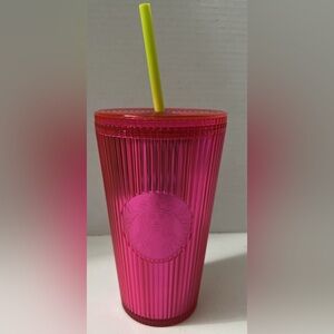 NWT Starbucks Dragonfruit Neon Pink Cold Cup Tumbler Grande Pleated Ribbed 16 oz